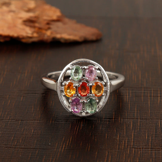 Natural Multi Sapphire Oval Cut Gemstone Ring 925 Sterling Silver Floral Sapphire Ring Engagement Gift for Fiancée