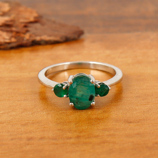 Emerald Three Stone Ring 925 Sterling Silver May Birthstone Ring Engagement Ring Gift for Her