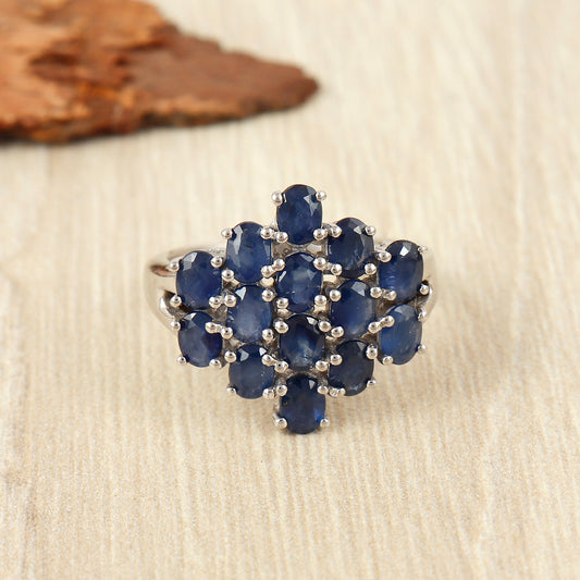 Natural Blue Sapphire Oval Cut Gemstone Floral Ring 925 Sterling Silver Handmade Ring September Birthstone Ring Wedding Gift for Her