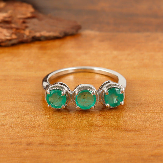 Natural Emerald 5mm Round Cut Gemstone Stackable Ring May Birthstone Ring Three Stone Ring Wedding Gift for Her