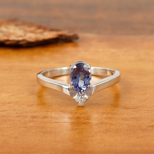 Natural Tanzanite Oval Faceted Gemstone Ring December Birthstone Ring Diamond Ring Gift for Her