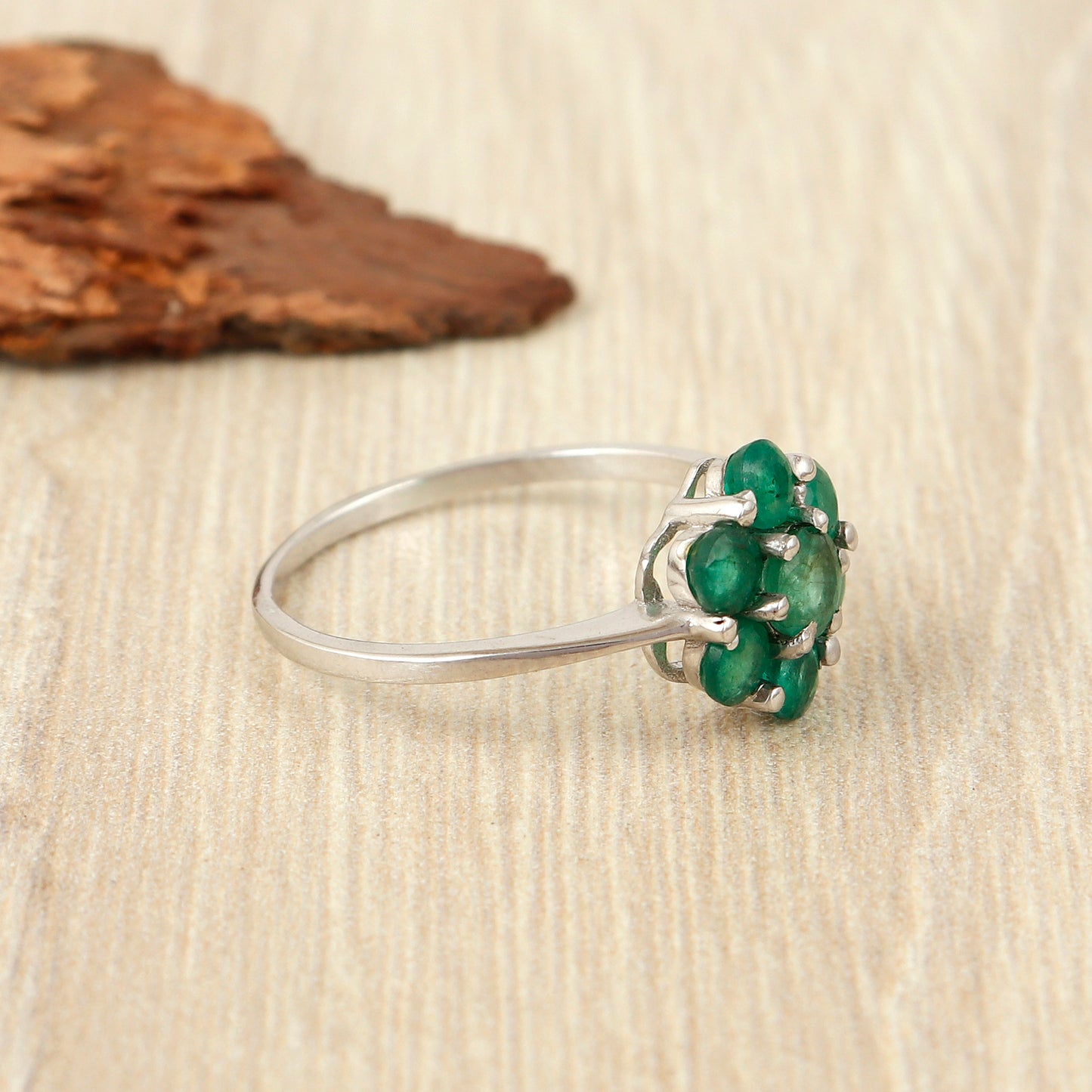 Natural Emerald Floral Ring-925 Sterling Silver Emerald Jewelry-Round Gemstone Ring-May Birthstone Ring-Emerald Vintage Ring Gift for Her