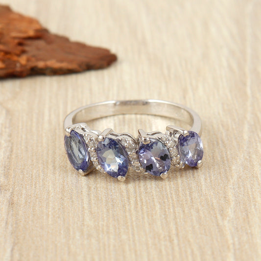 Tanzanite Ring-925 Sterling Silver Ring-Diamond Ring-Tanzanite Jewelry-6x4mm Oval Cut Gemstone Ring-Tanzanite Silver Ring-Wedding Gift Her