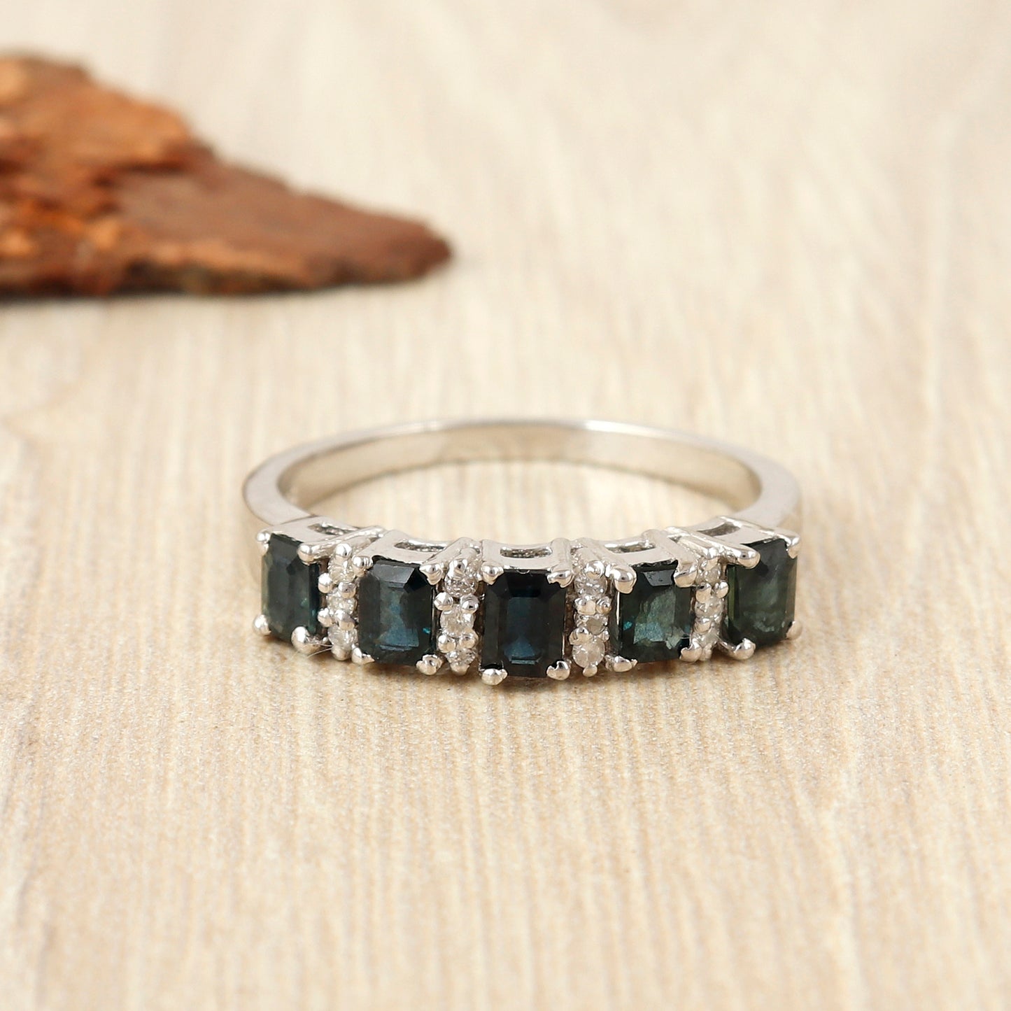 Natural Blue Sapphire Ring-925 Sterling Silver Ring-4x3mm Octagon Gemstone Ring-Diamond Ring-Sapphire Half Eternity Band-Wedding Gift Her