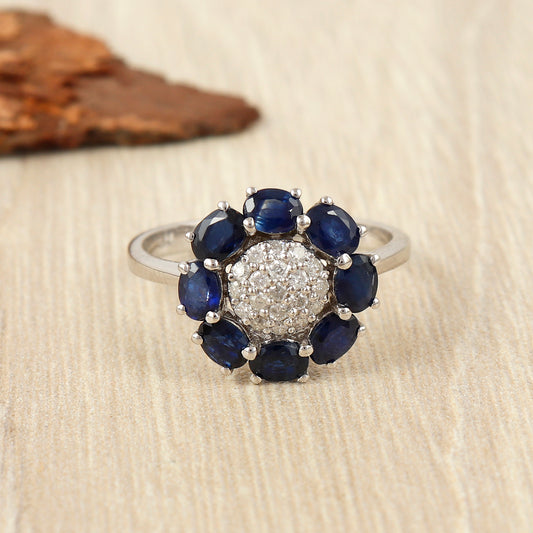 Blue Sapphire Floral Ring-925 Sterling Silver Ring-Flower Design Sapphire Ring-Sun Flower Ring-Diamond Ring-Engagement Ring Gift for Her