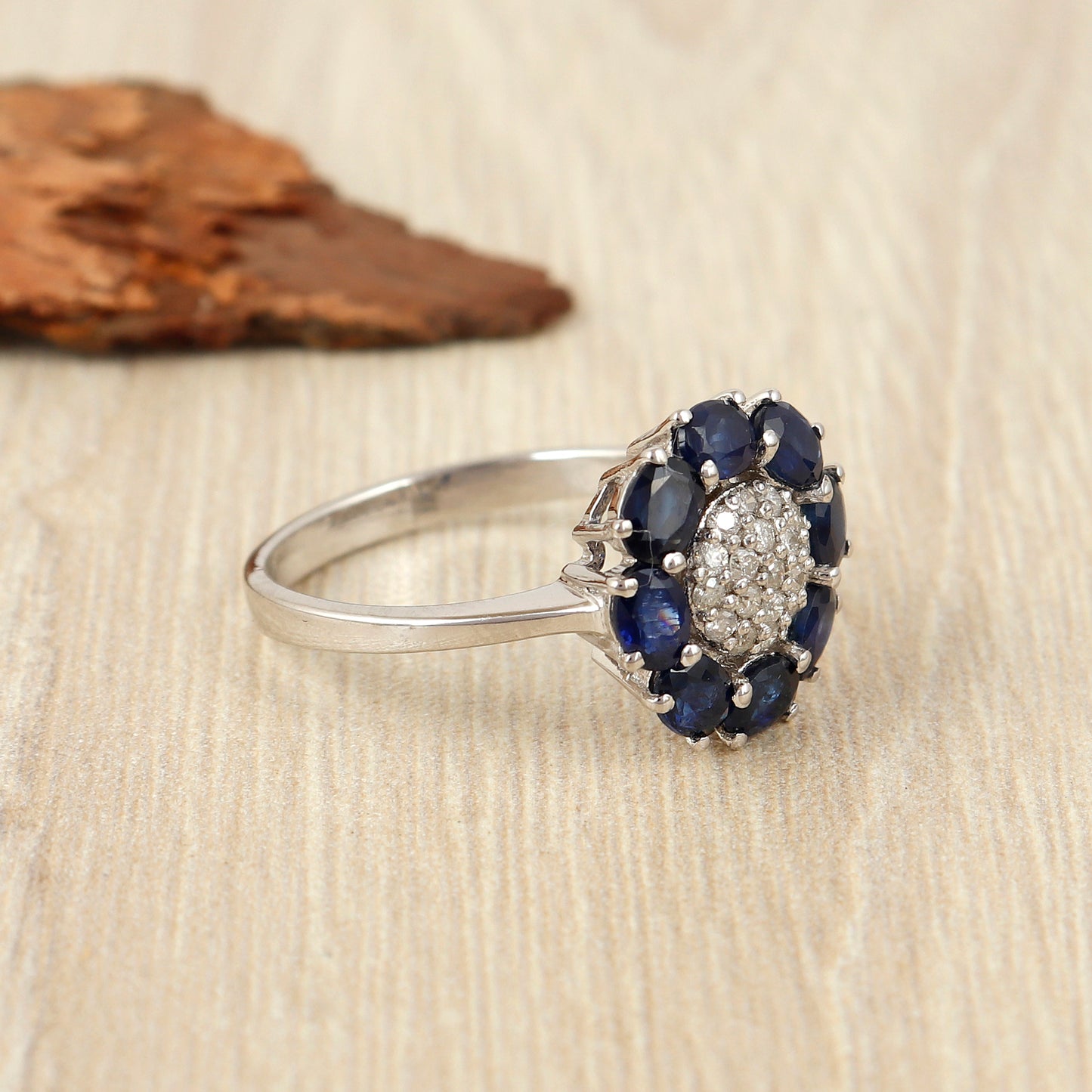 Blue Sapphire Floral Ring-925 Sterling Silver Ring-Flower Design Sapphire Ring-Sun Flower Ring-Diamond Ring-Engagement Ring Gift for Her