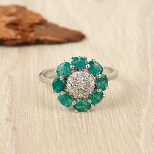 Natural Emerald Oval Cut Gemstone Ring-Sun Flower Emerald Ring-925 Sterling Silver Ring-May Birthstone Floral Emerald Ring-Wedding Gift Her