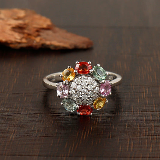 Natural Multi Sapphire Sun Flower Ring-925 Sterling Silver Ring-Floral Sapphire Ring-Multi Sapphire Jewelry-Sapphire Silver Ring for Gift