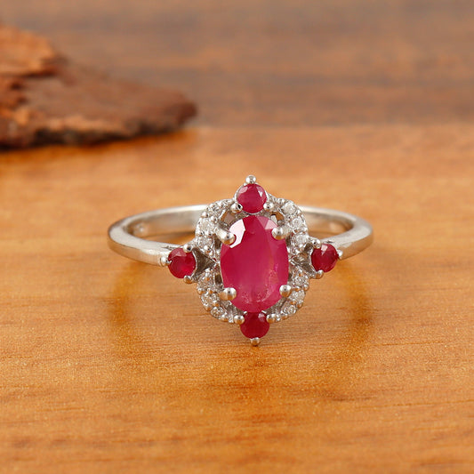 Natural Ruby Oval Cut Gemstone Ring-925 Sterling Silver Ring-Ruby & Diamond Ring-Engagement Ring-July Birthstone Ring-Wedding Gift for Her