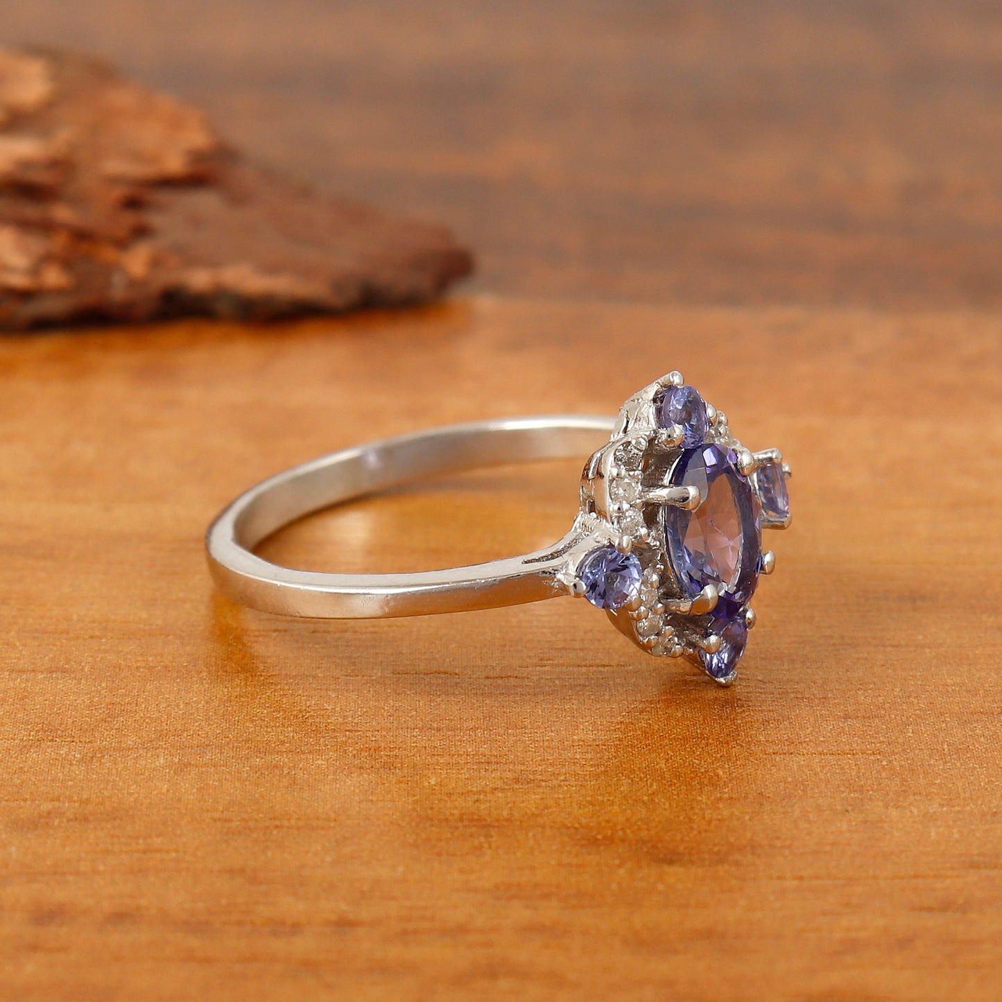 Natural Tanzanite Ring-925 Sterling Silver Ring-7x5mm Oval Tanzanite Ring-Blue Gemstone Ring-Tanzanite Cluster Ring-Statement Ring Gift Her
