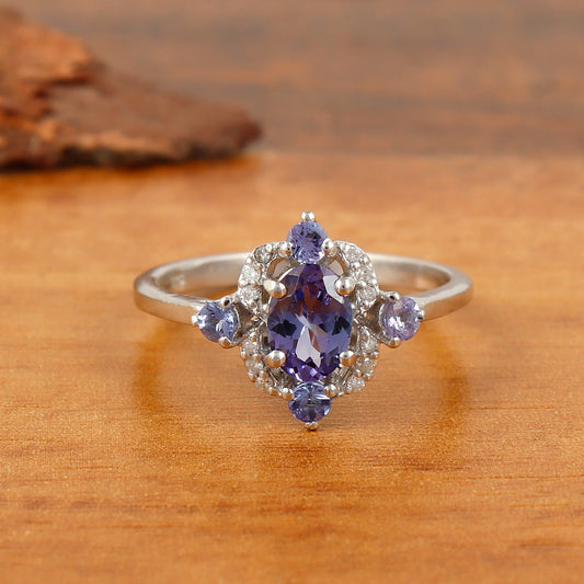 Natural Tanzanite Ring-925 Sterling Silver Ring-7x5mm Oval Tanzanite Ring-Blue Gemstone Ring-Tanzanite Cluster Ring-Statement Ring Gift Her