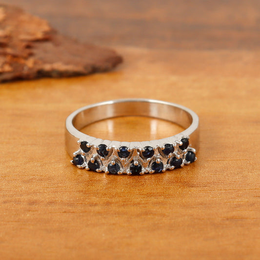 Natural Blue Sapphire Round Gemstone Half Eternity Band-925 Sterling Silver Ring-Sapphire Thumb Ring-September Birthstone Ring-Wedding Gift