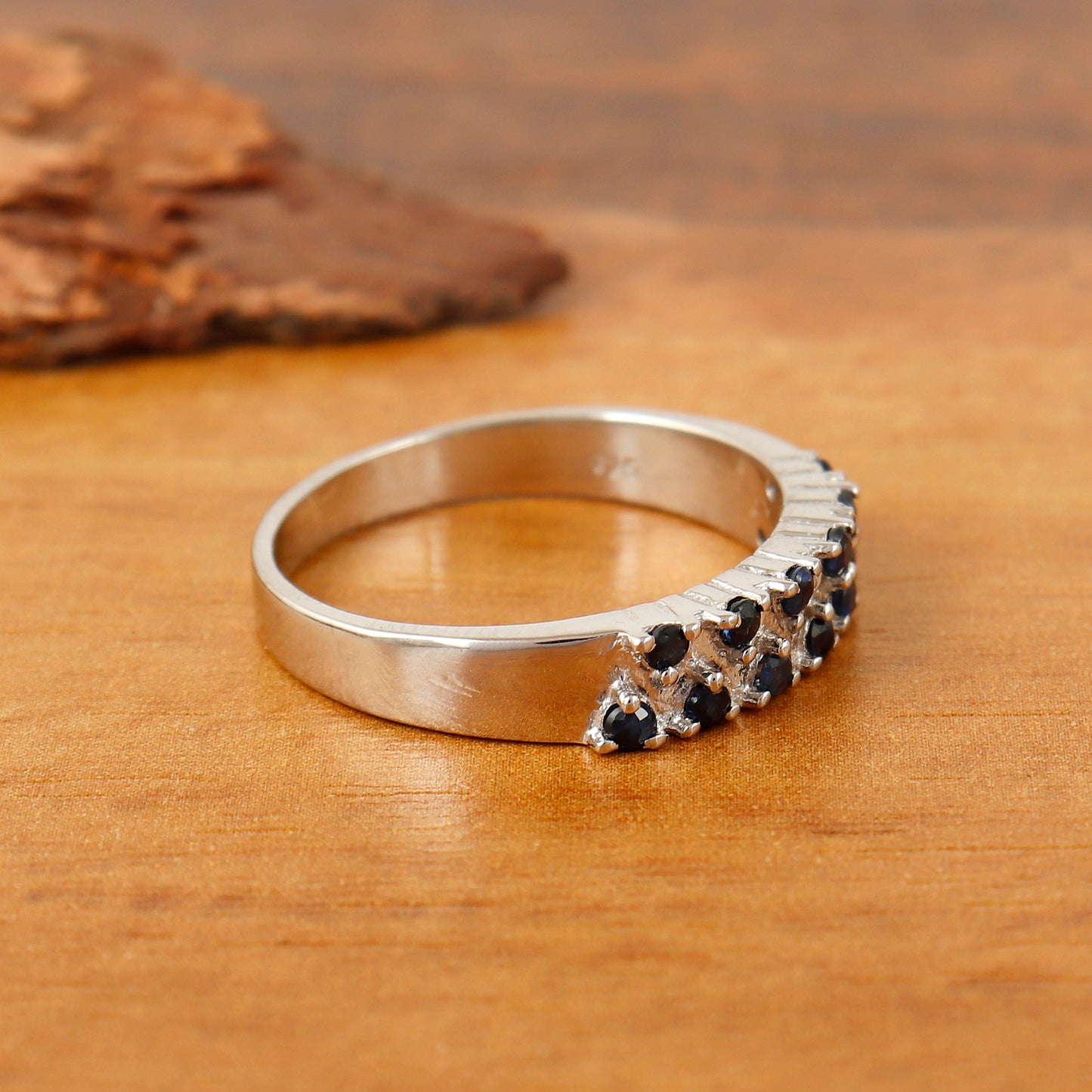 Natural Blue Sapphire Round Gemstone Half Eternity Band-925 Sterling Silver Ring-Sapphire Thumb Ring-September Birthstone Ring-Wedding Gift