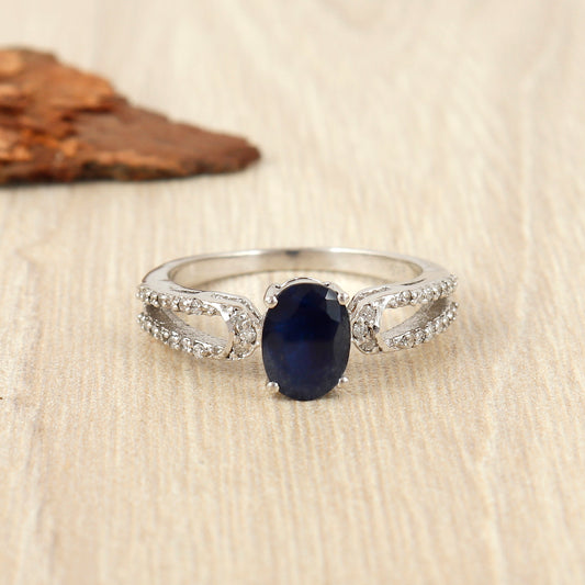 Blue Sapphire Ring-925 Sterling Silver Dainty Ring-Oval Cut Gemstone Ring-September Birthstone Ring-Precious Ring-Sapphire & Diamond Ring