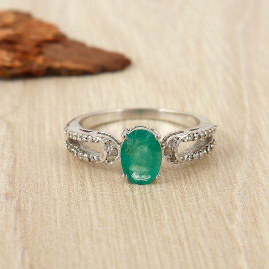 Natural Emerald Oval Gemstone Cluster Ring-925 Sterling Silver Ring-Diamond Ring-Engagement Ring-May Birthstone Ring-Wedding Gift for Her