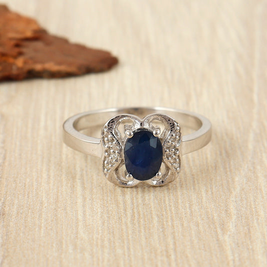 Natural Blue Sapphire Oval Cut Gemstone Ring-925 Sterling Silver Ring-September Birthstone Ring-Blue Sapphire Dainty Ring-Stackable Ring
