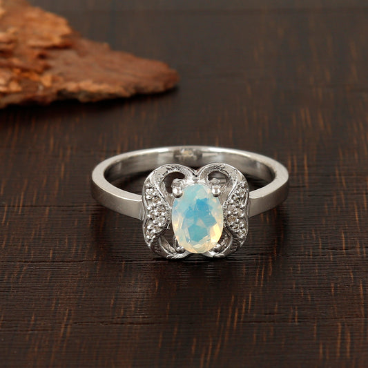 Natural Ethiopian Opal Oval Cut Gemstone Ring-925 Sterling Silver Ring-Multi Fire Opal Ring-7x5mm Opal Ring-Engagement Ring-Wedding Gift Her
