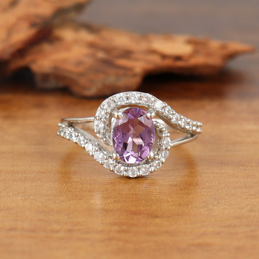 Amethyst Oval Cut Gemstone Cluster Ring 925 Sterling Silver Handmade Ring February Birthstone Jewelry