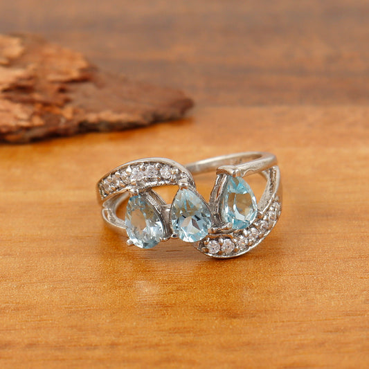 Aquamarine Pear Cut Gemstone Ring 925 Sterling Silver Stackable Ring Wedding Gift for Her