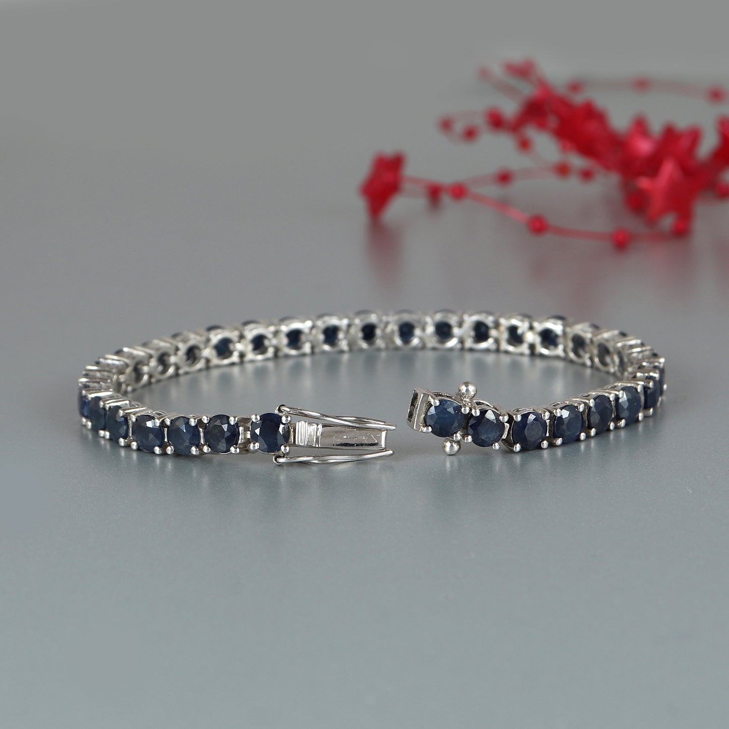 Natural Blue Sapphire Tennis Bracelet-925 Sterling Silver Bracelet-Round Cut Gemstone Bracelet-September Birthstone-Valentine Gift for Her
