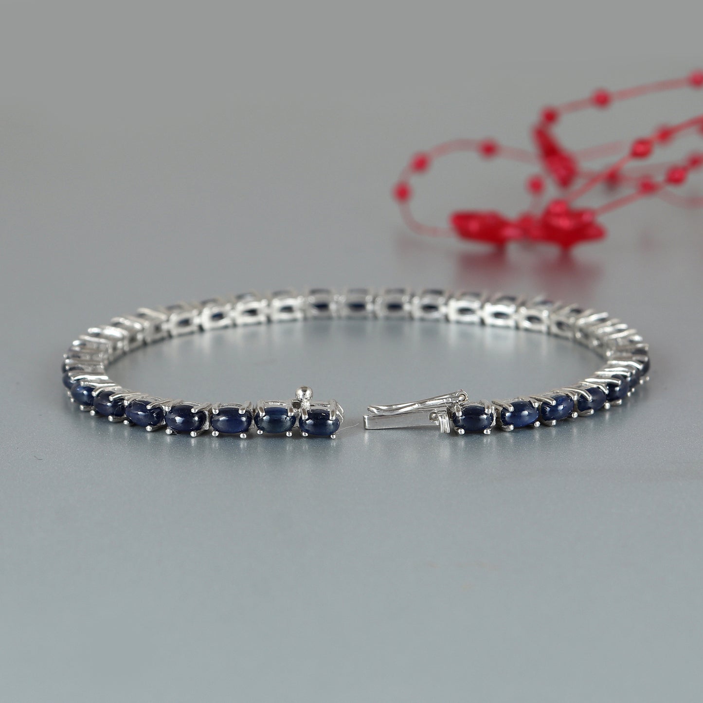 Natural Blue Sapphire Oval Cabochon Tennis Bracelet-925 Sterling Silver-Sapphire Tennis Bracelet-Blue Gemstone Bracelet-September Birthstone