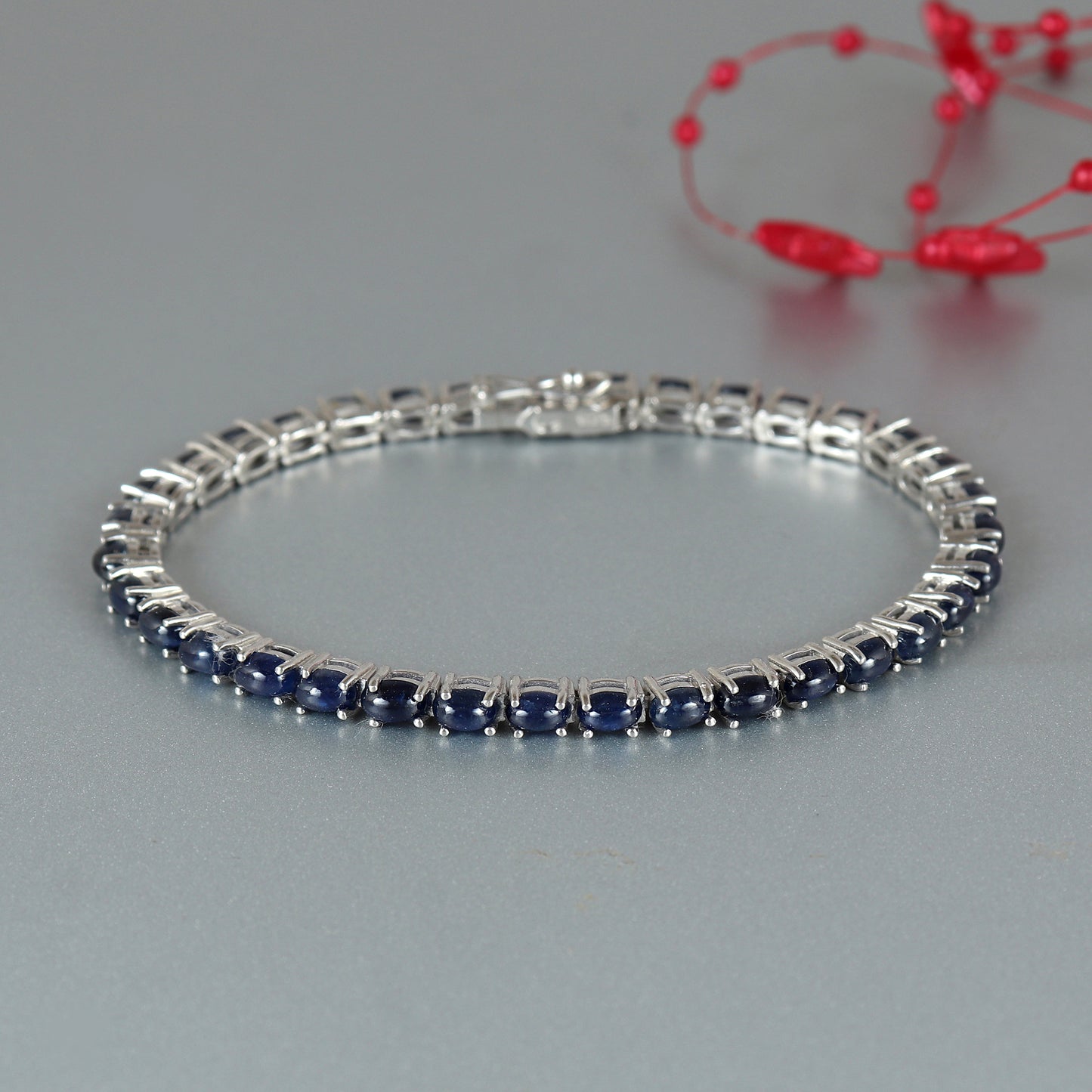 Natural Blue Sapphire Oval Cabochon Tennis Bracelet-925 Sterling Silver-Sapphire Tennis Bracelet-Blue Gemstone Bracelet-September Birthstone
