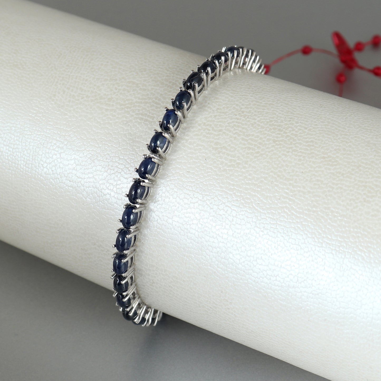 Natural Blue Sapphire Oval Cabochon Tennis Bracelet-925 Sterling Silver-Sapphire Tennis Bracelet-Blue Gemstone Bracelet-September Birthstone
