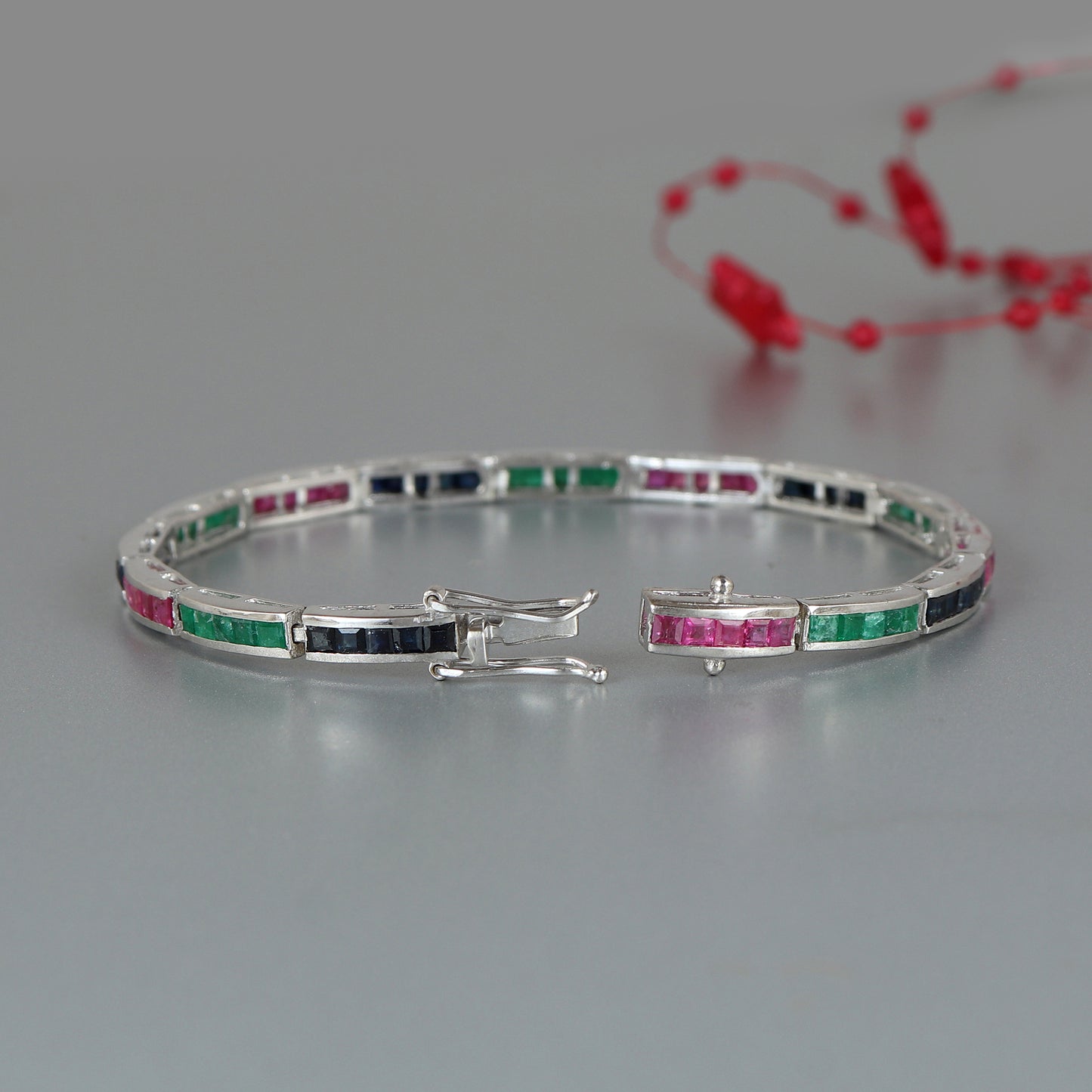 Ruby Emerald Sapphire Bracelet-925 Sterling Silver-Square Cut Gemstone Bracelet-Precious Gemstone Bracelet-Bridesmaid Bracelet Gift for Her
