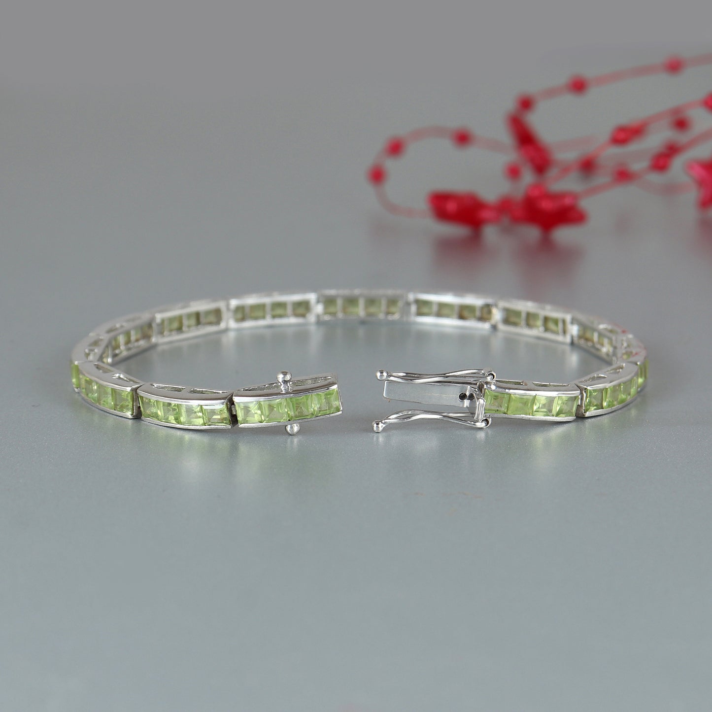 Natural Peridot Tennis Bracelet-925 Sterling Silver Bracelet-Square Cut Gemstone Bracelet-August Birthstone-Peridot Bracelet-Valentine Gift