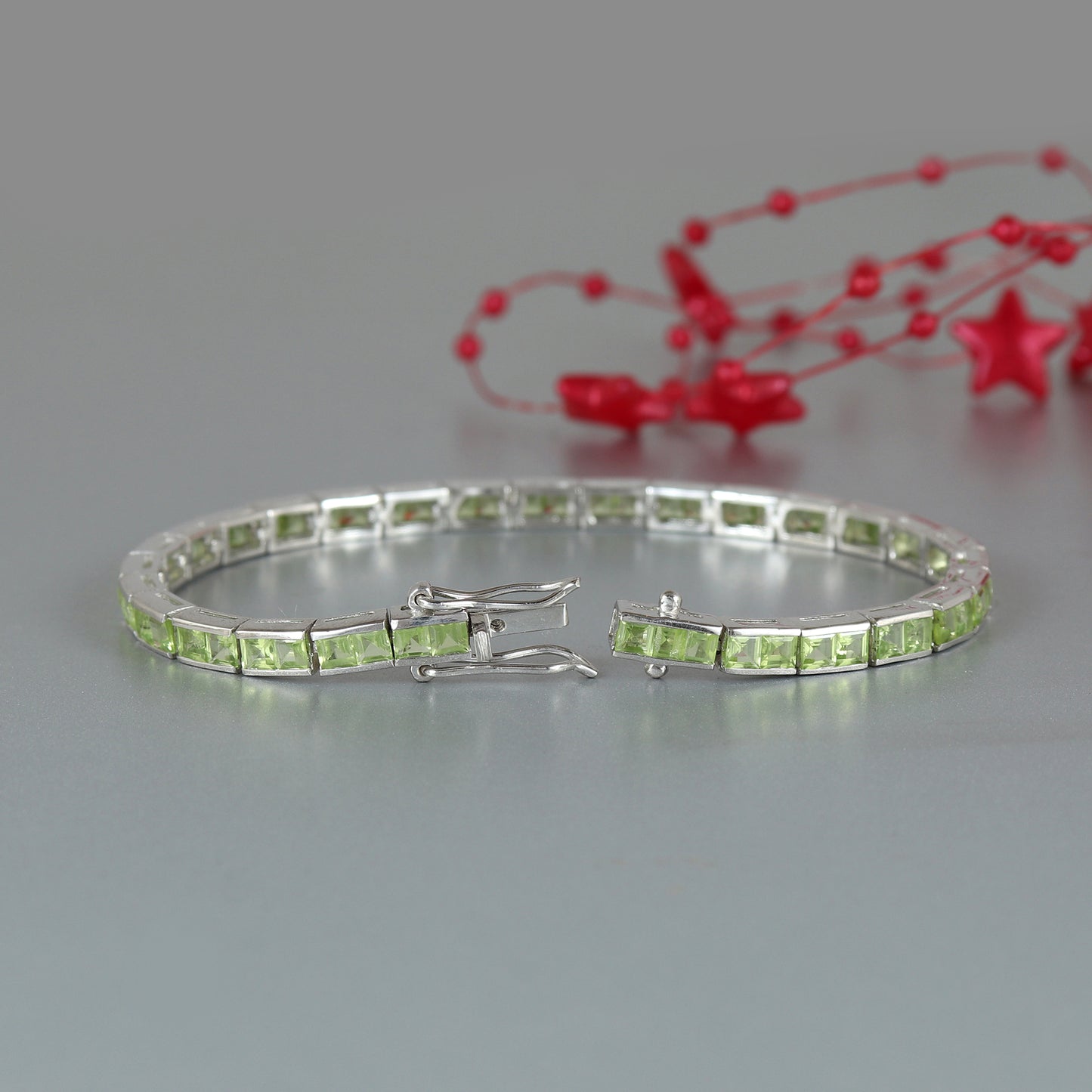 Natural Peridot Tennis Bracelet-925 Sterling Silver Bracelet-Square Gemstone Bracelet-August Birthstone Peridot Jewelry-Wedding Gift for Her
