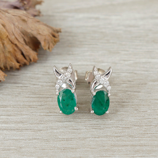 Natural Emerald Stud Earrings-925 Sterling Silver-Oval Cut Gemstone Studs-Dainty Emerald Earrings-May Birthstone-Birthday Gift for Daughter