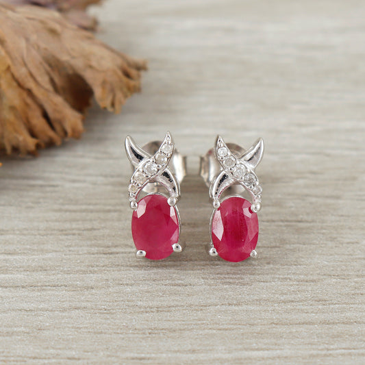 Ruby Oval Gemstone Stud Earrings-925 Sterling Silver-Handmade Ruby Studs-Tiny Stud for Girls-Ruby Women Earrings-Wedding Gift for Her
