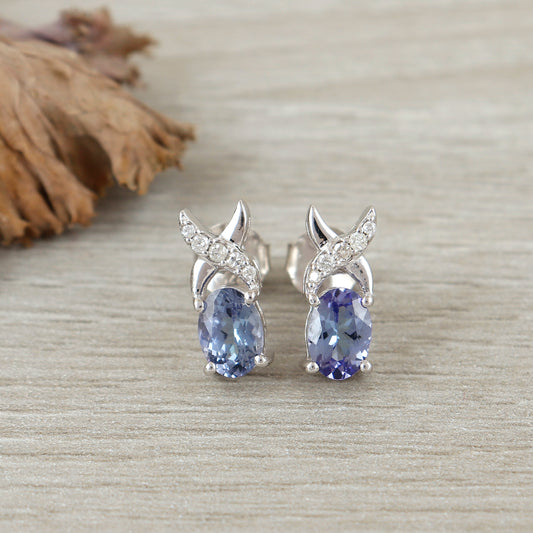 Natural Tanzanite Stud Earrings-925 Sterling Silver-Precious Stud Earrings-Dainty Tanzanite Studs-December Birthstone Studs-Wedding Gift Her
