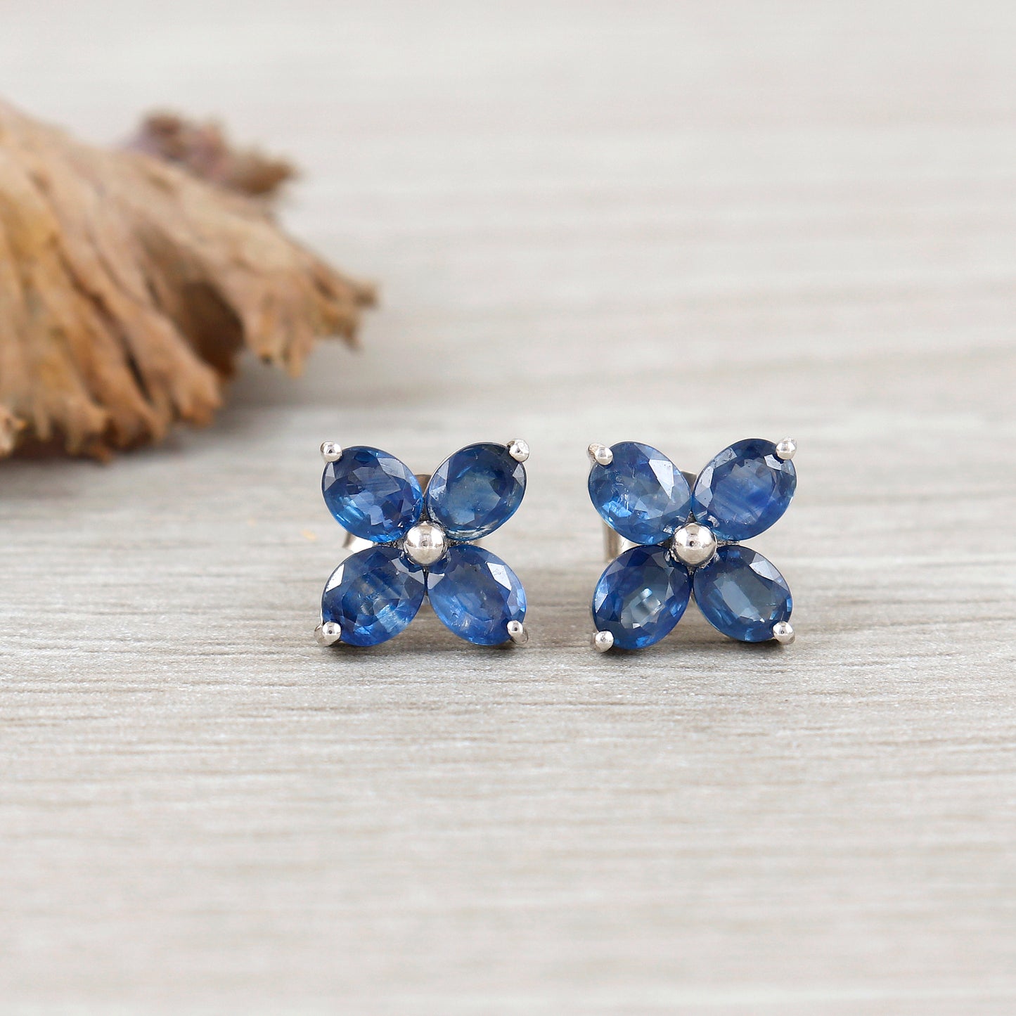 Floral Blue Sapphire Stud Earrings-925 Sterling Silver-Tiny Sapphire Studs-September Birthstone-5x4mm Oval Gemstone Studs-Sapphire Jewelry