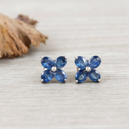 Floral Blue Sapphire Stud Earrings-925 Sterling Silver-Tiny Sapphire Studs-September Birthstone-5x4mm Oval Gemstone Studs-Sapphire Jewelry