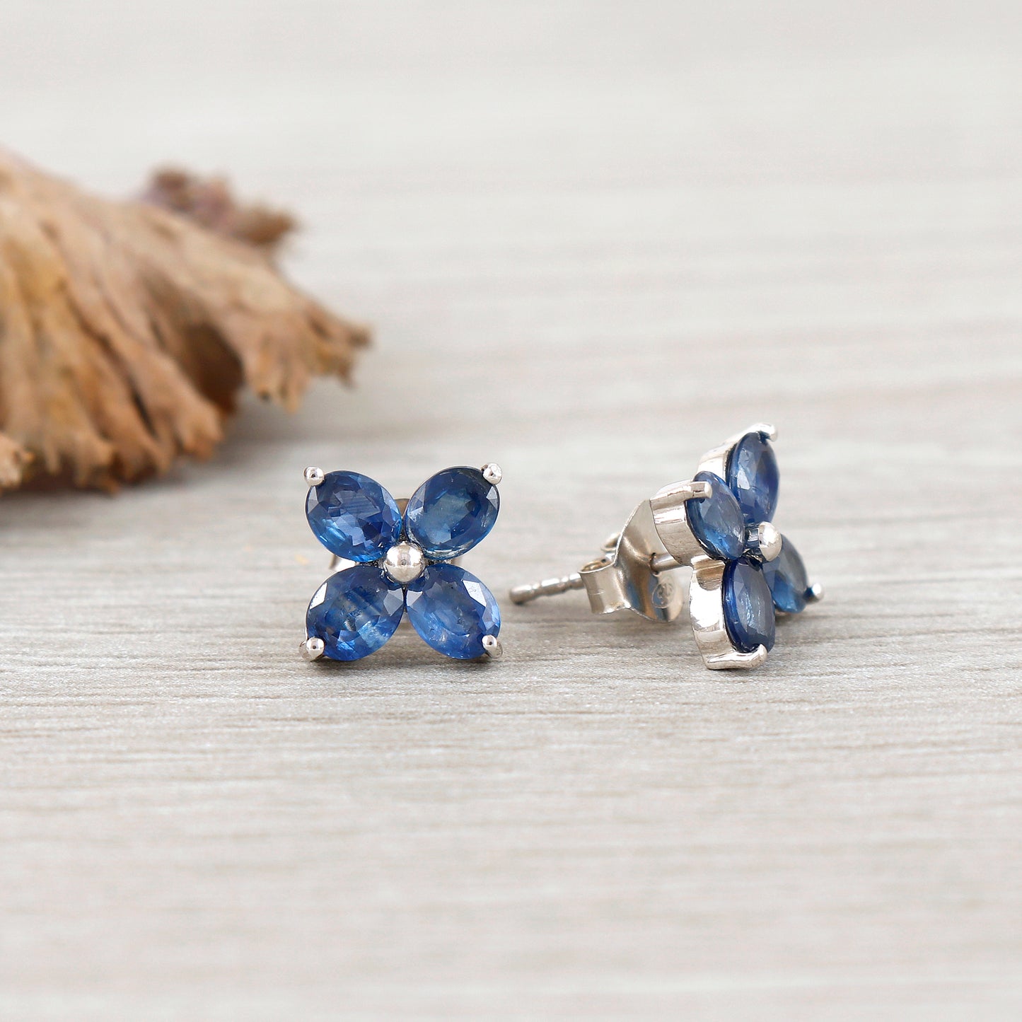 Floral Blue Sapphire Stud Earrings-925 Sterling Silver-Tiny Sapphire Studs-September Birthstone-5x4mm Oval Gemstone Studs-Sapphire Jewelry