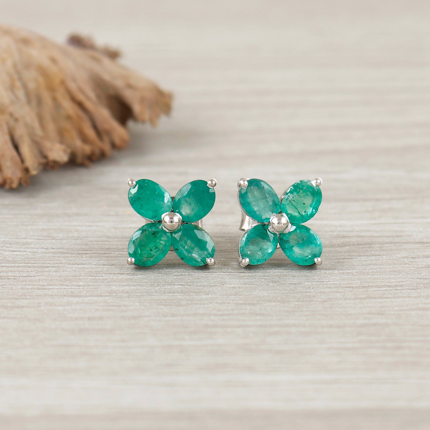 Natural Emerald Stud Earrings-925 Sterling Silver-Floral Emerald Studs-5x4mm Oval Emerald Stud Earrings-May Birthstone jewelry-Wedding Gift
