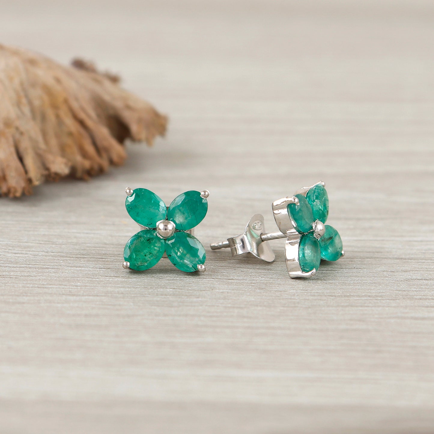 Natural Emerald Stud Earrings-925 Sterling Silver-Floral Emerald Studs-5x4mm Oval Emerald Stud Earrings-May Birthstone jewelry-Wedding Gift