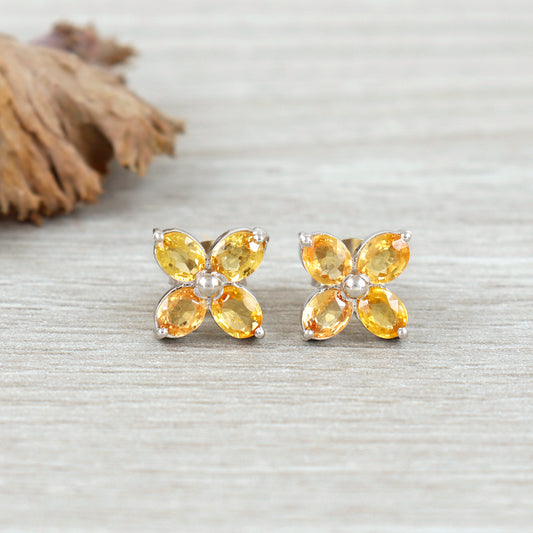 Natural Yellow Sapphire Floral Earrings-925 Sterling Silver-September Birthstone-Oval Gemstone Studs-Handmade Earrings-Tiny Earrings for Her