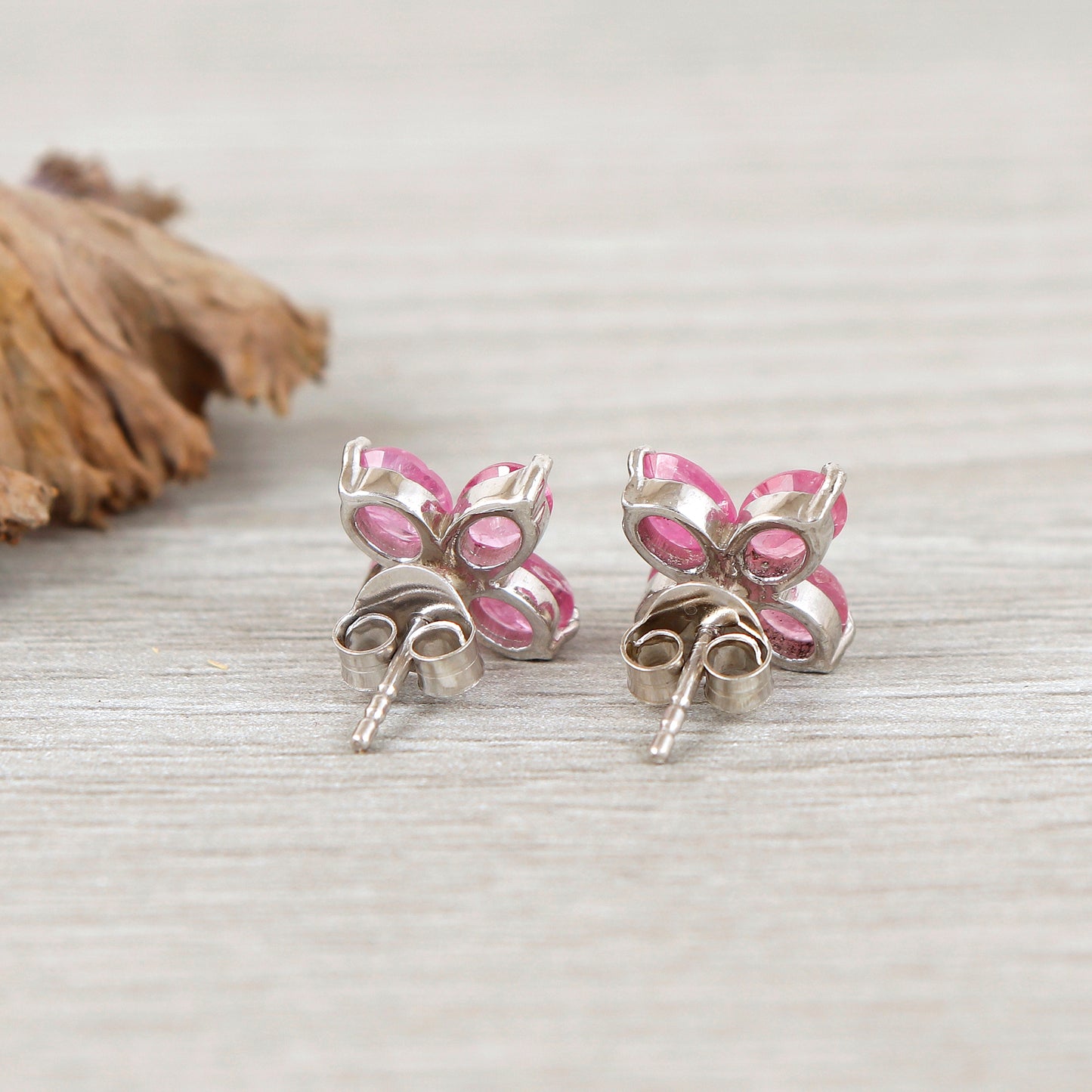 Pink Sapphire Stud Earrings-925 Sterling Silver Dainty Earrings-Pink Sapphire Floral Studs-Oval Gemstone Stud-Dainty Pink Earrings for Gift
