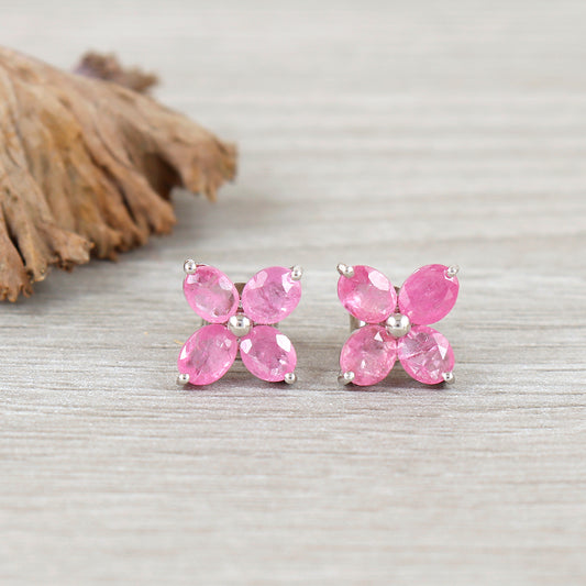 Pink Sapphire Stud Earrings-925 Sterling Silver Dainty Earrings-Pink Sapphire Floral Studs-Oval Gemstone Stud-Dainty Pink Earrings for Gift