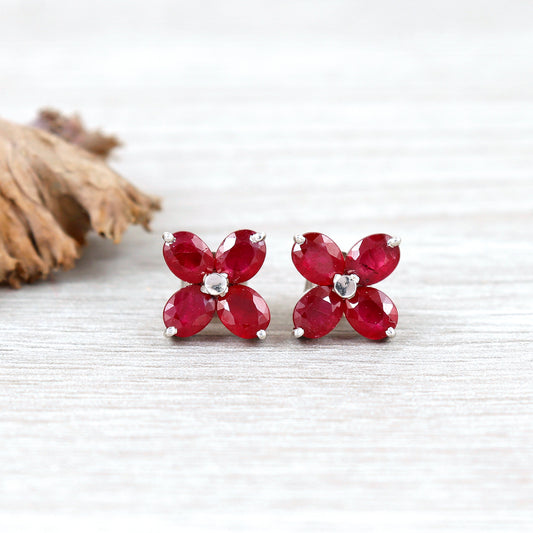 Floral Ruby Earrings-925 Sterling Silver-Oval Cut Gemstone Studs-Minimalist Ruby Stud Earrings-July Birthstone Earrings-Wedding Gift for Her