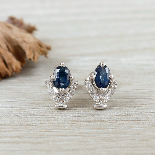 Natural Blue Sapphire Oval Cut Gemstone Stud Earrings-925 Sterling Silver-Designer Blue Sapphire Studs-Dainty Stud Earrings-Gift for Her