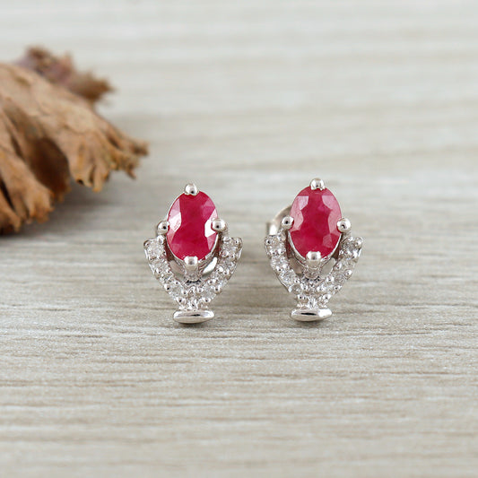 Natural Ruby Tiny Stud Earrings-925 Sterling Silver-Diamond and Ruby Stud-July Birthstone Earrings-Dainty Ruby Earrings-Wedding Gift for Her