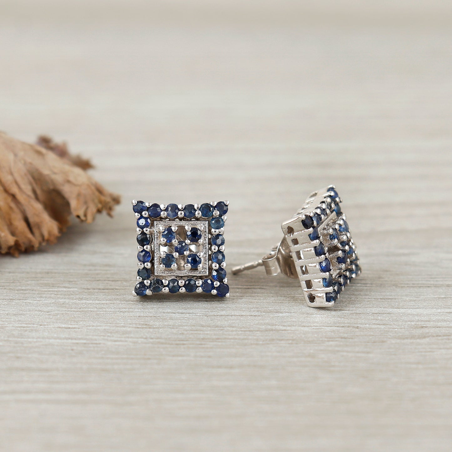Blue Sapphire Studs-925 Sterling Silver-Square Shape Sapphire Studs-Round Cut Gemstone Earrings-Tiny Stud Earrings-September Birthstone Stud
