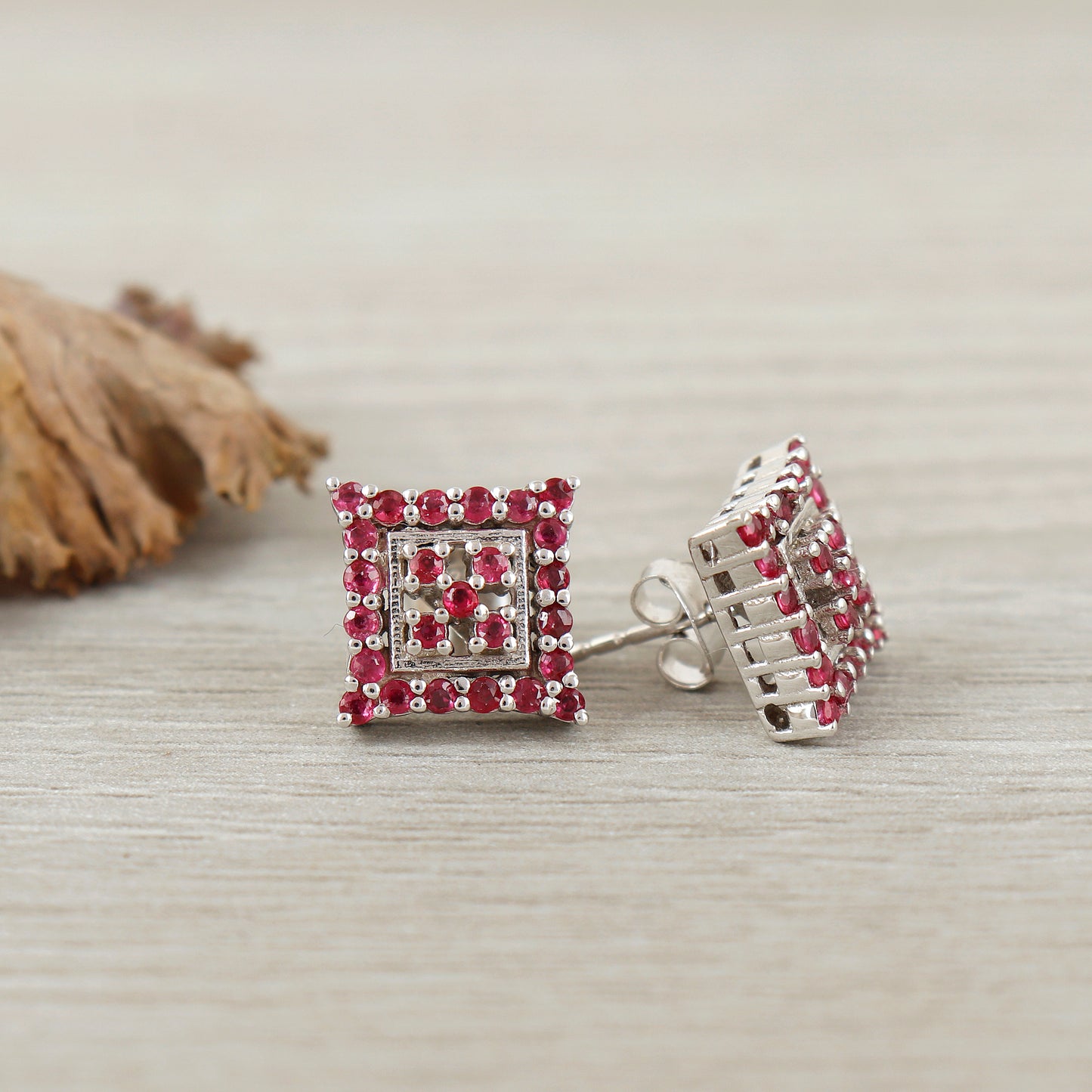 Ruby Stud Earrings-July Birthstone Stud Earrings-925 Sterling Silver-Square Ruby Studs-Round Cut Gemstone Earrings-Dainty Earrings for Gift