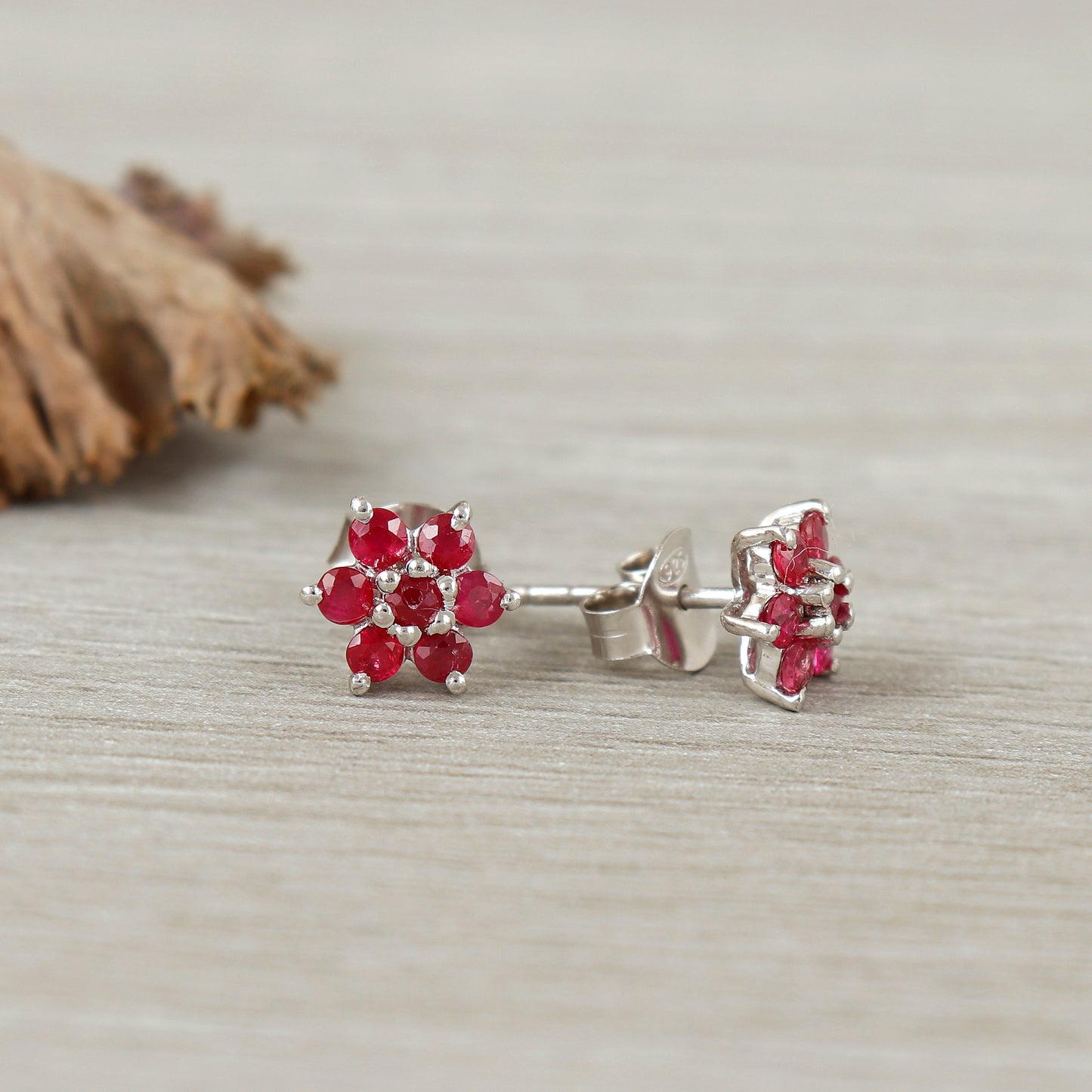 Floral Ruby Earrings-Round Gemstone Studs-Sun Flower Ruby Stud Earrings-July Birthstone Earrings-925 Sterling Silver-Christmas Gift for Her