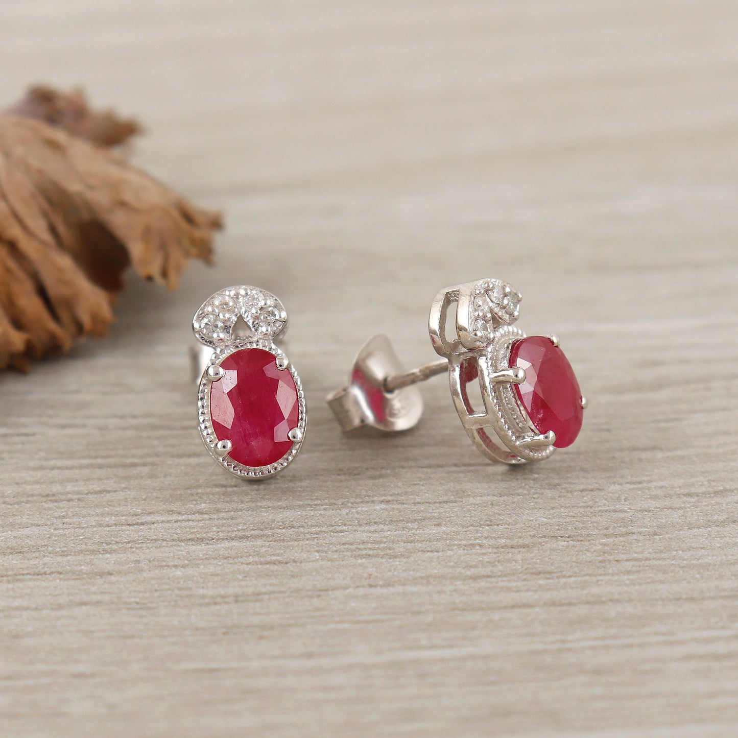 Natural Ruby Oval Cut Gemstone Stud Earrings-925 Sterling Silver-Diamond & Ruby Studs for Women-July Birthstone Stud-Wedding Gift for Her