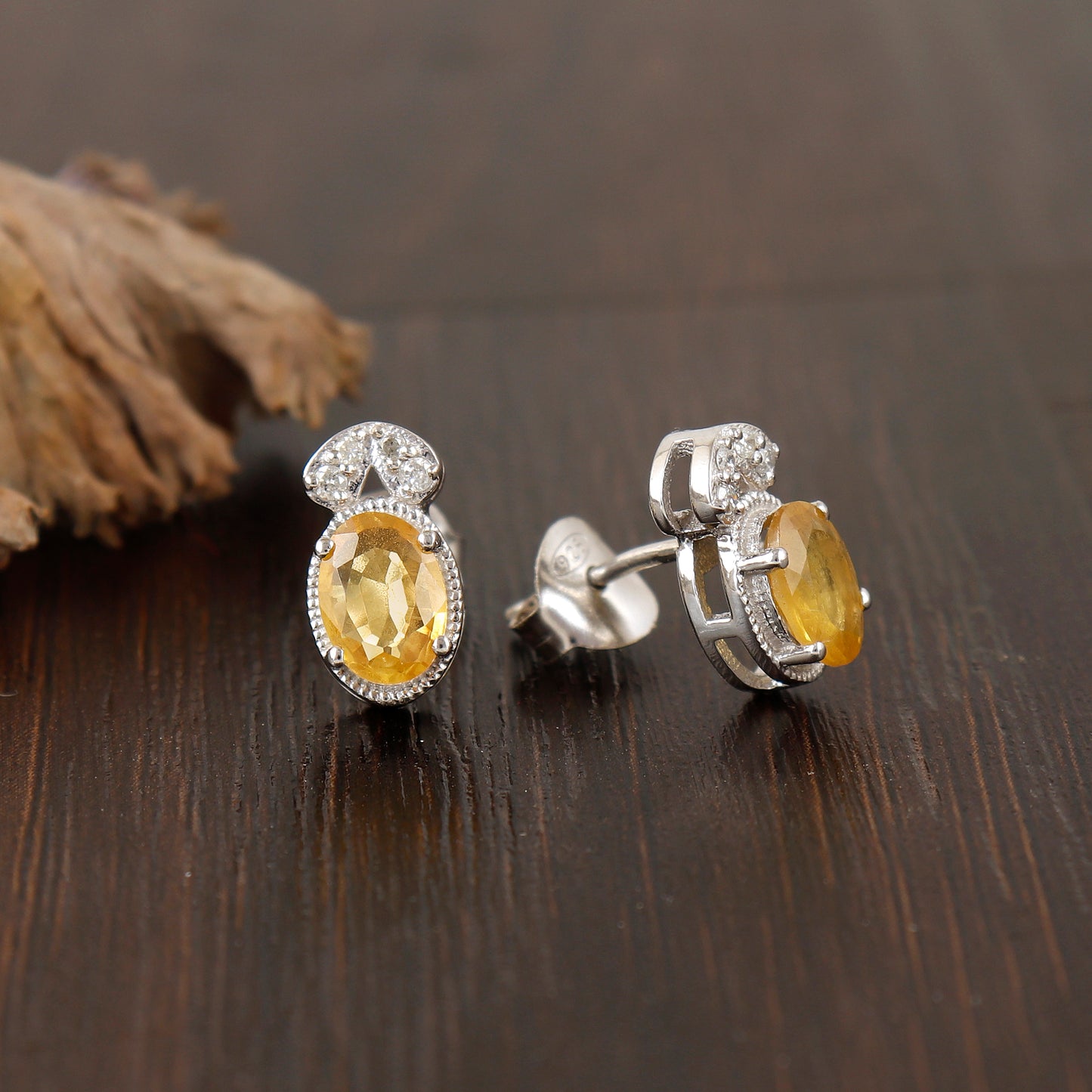 Yellow Sapphire Oval Cut gemstone Stud Earrings-925 Silver Studs-Diamond & Sapphire Earrings-Tiny Yellow Sapphire Earrings-Wedding Gift Her
