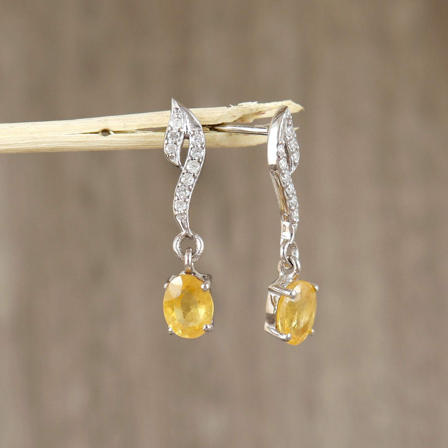 Yellow Sapphire Dangle Earrings-925 Sterling Silver Earrings-7x5mm Oval Cut Gemstone Earrings-Precious Earrings-Diamond & Sapphire Earrings
